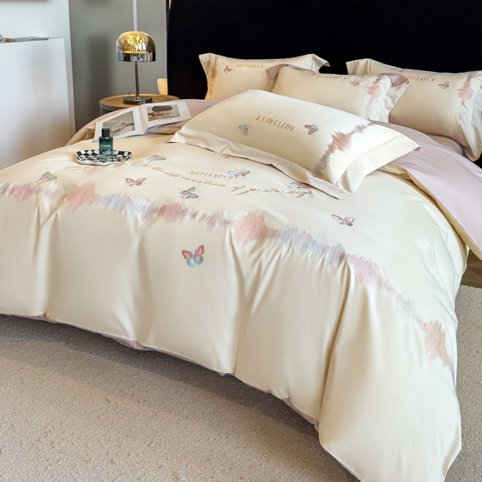 91家纺网 家纺一手货源 找家纺 桃园 新款纯棉全棉长绒棉刺绣绣花高端礼盒四件套-漫舞 漫舞-白粉