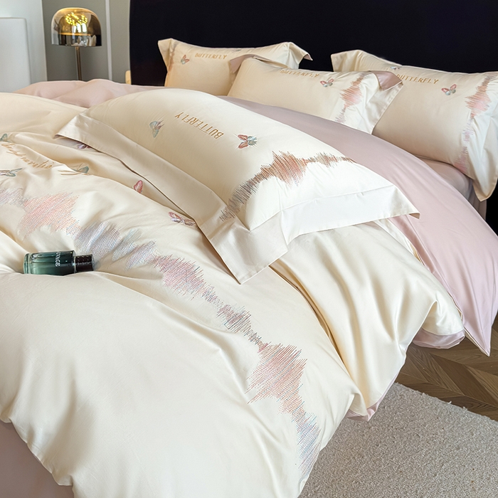 91家纺网 家纺一手货源 找家纺 桃园 新款纯棉全棉长绒棉刺绣绣花高端礼盒四件套-漫舞 漫舞-白粉