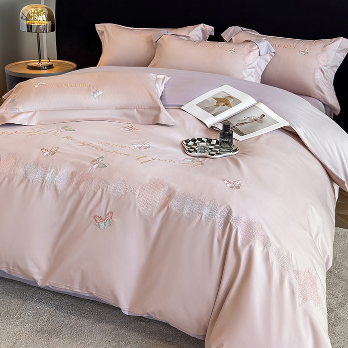 91家纺网 家纺一手货源 找家纺 桃园 新款纯棉全棉长绒棉刺绣绣花高端礼盒四件套-漫舞 漫舞-粉紫