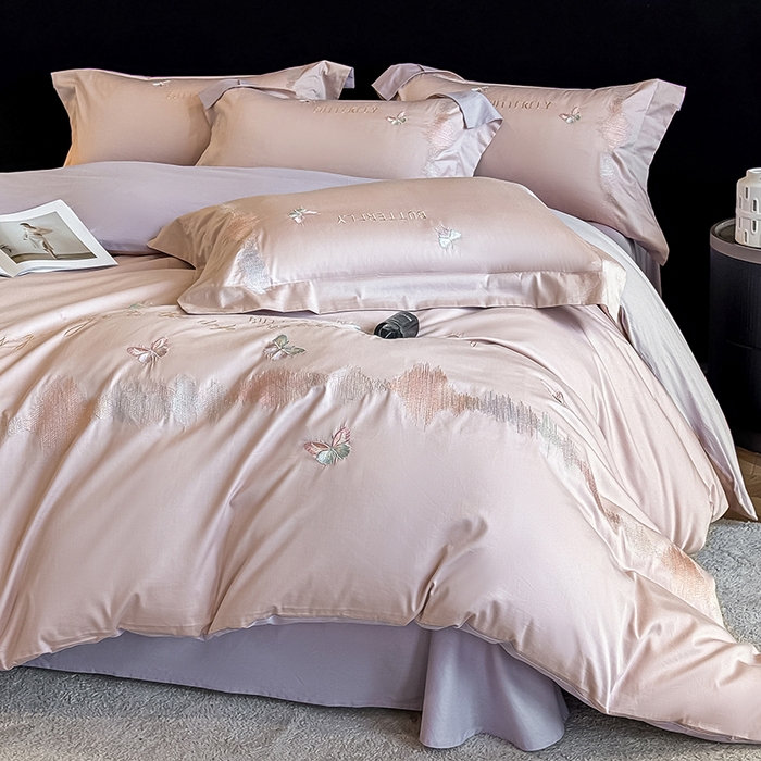 91家纺网 家纺一手货源 找家纺 桃园 新款纯棉全棉长绒棉刺绣绣花高端礼盒四件套-漫舞 漫舞-粉紫