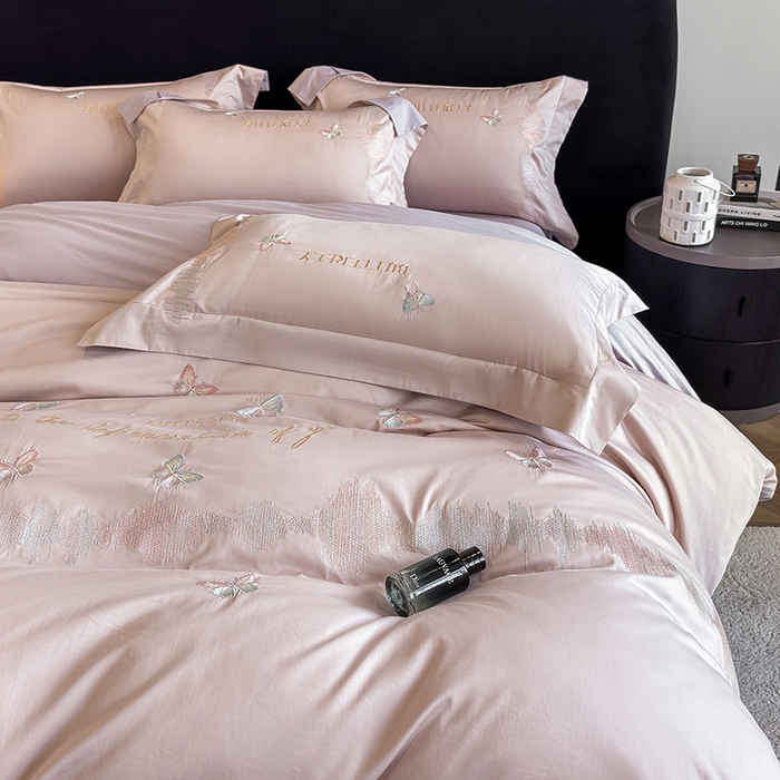 91家纺网 家纺一手货源 找家纺 桃园 新款纯棉全棉长绒棉刺绣绣花高端礼盒四件套-漫舞 漫舞-粉紫