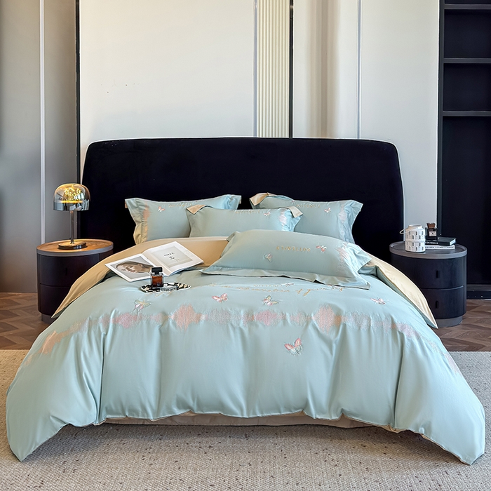 91家纺网 家纺一手货源 找家纺 桃园 新款纯棉全棉长绒棉刺绣绣花高端礼盒四件套-漫舞 漫舞-飘蓝