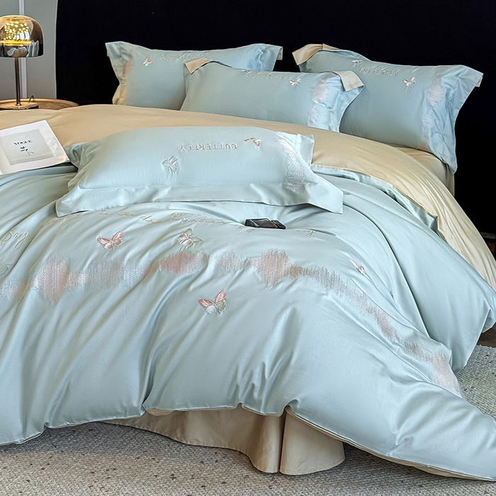 91家纺网 家纺一手货源 找家纺 桃园 新款纯棉全棉长绒棉刺绣绣花高端礼盒四件套-漫舞 漫舞-飘蓝