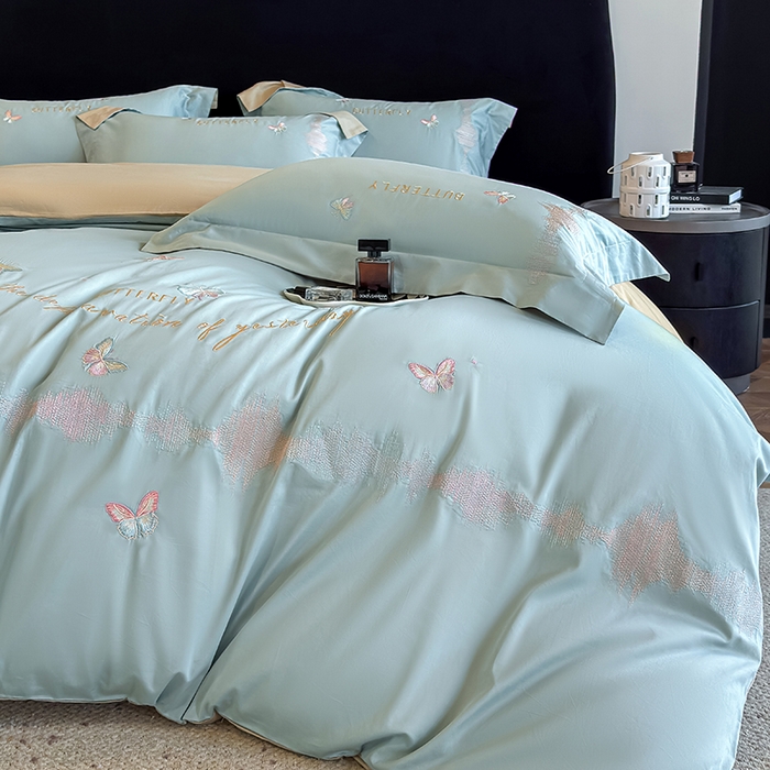 91家纺网 家纺一手货源 找家纺 桃园 新款纯棉全棉长绒棉刺绣绣花高端礼盒四件套-漫舞 漫舞-飘蓝