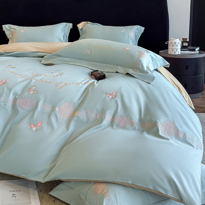 91家纺网 家纺一手货源 找家纺 桃园 新款纯棉全棉长绒棉刺绣绣花高端礼盒四件套-漫舞 漫舞-飘蓝