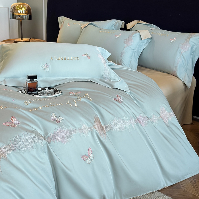 91家纺网 家纺一手货源 找家纺 桃园 新款纯棉全棉长绒棉刺绣绣花高端礼盒四件套-漫舞 漫舞-飘蓝