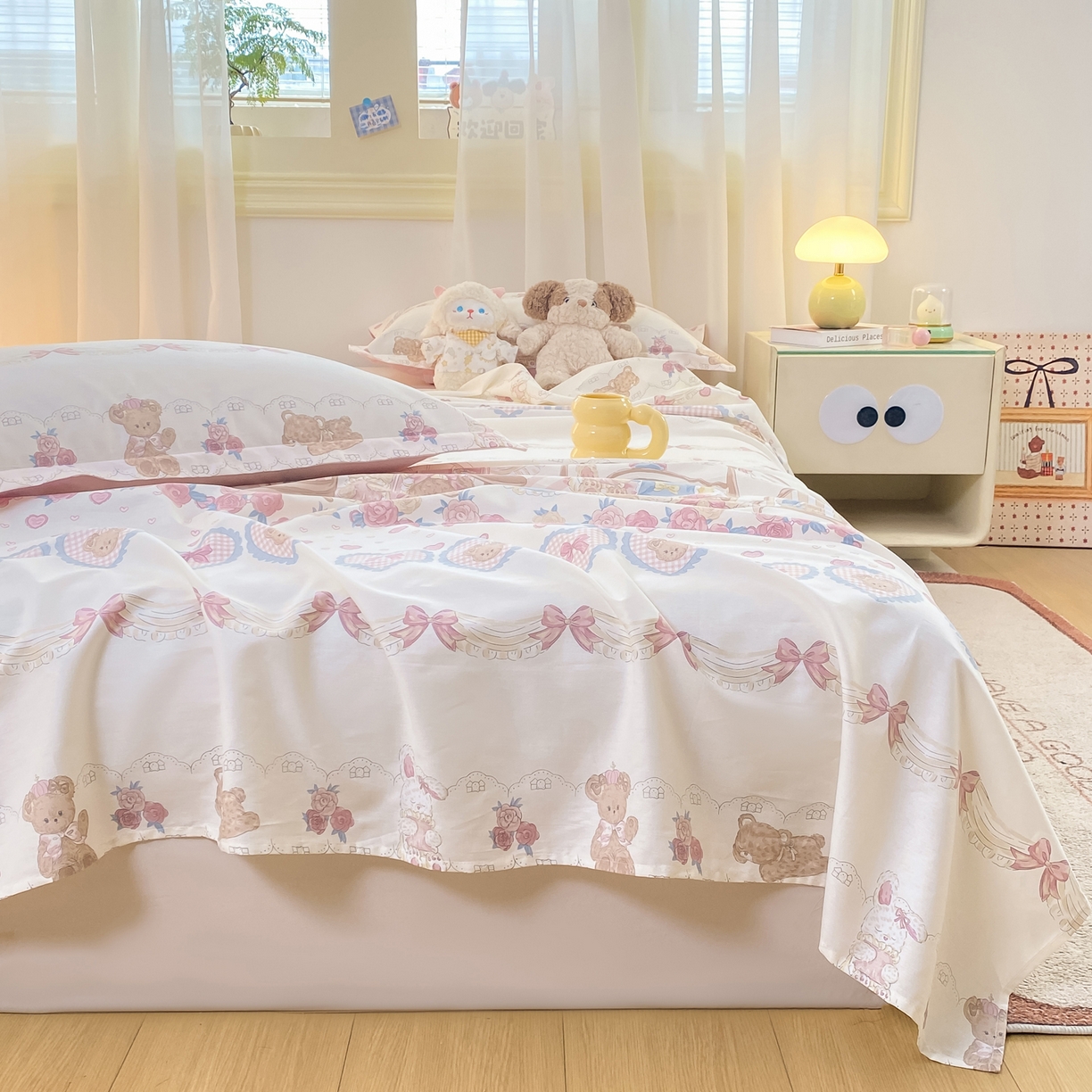 91家纺网 家纺一手货源 找家纺 花梦欣 2026新款全棉印花单品系列-单床单 小熊安缦