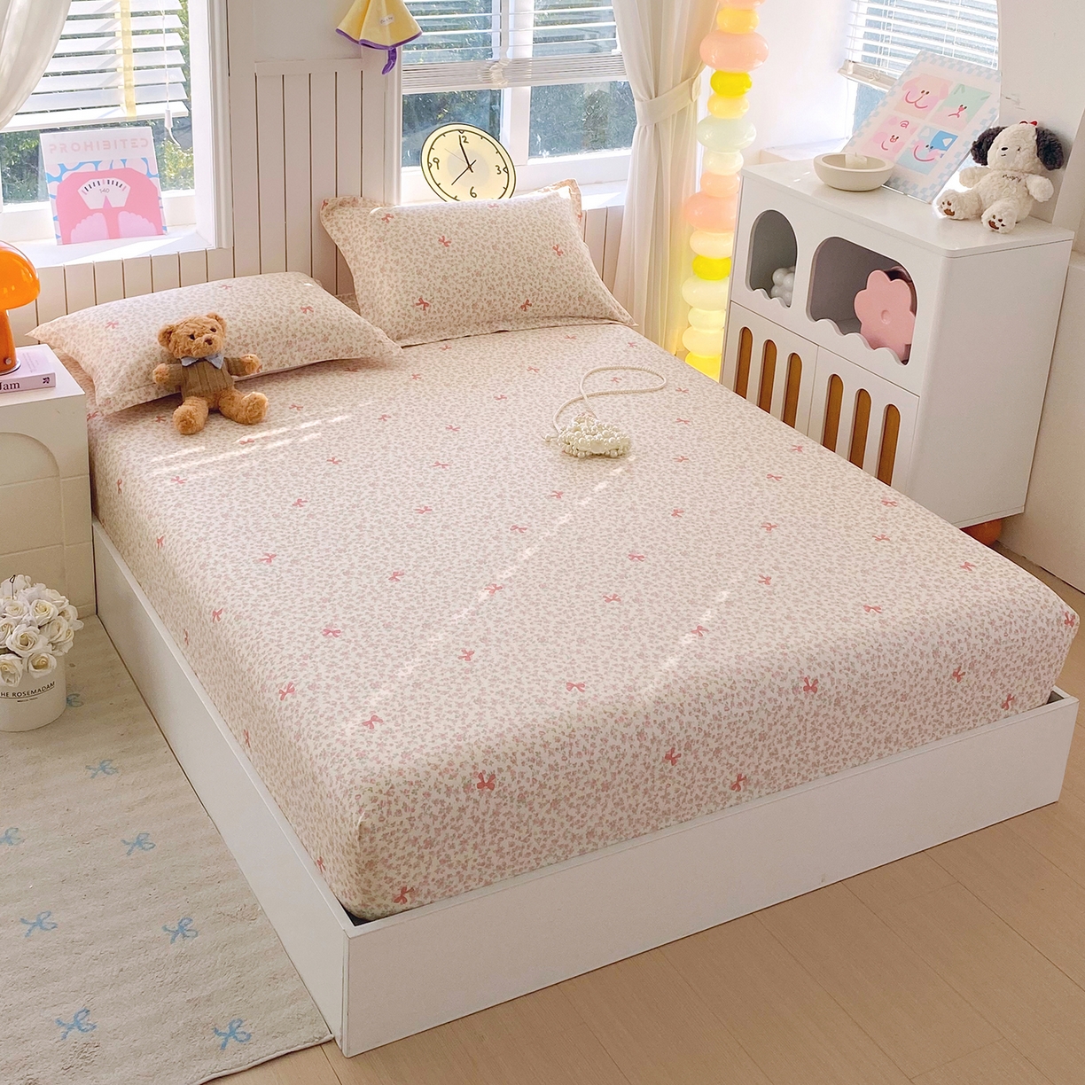 91家纺网 家纺一手货源 找家纺 金丝兔 2026新款纯棉印花单品床笠系列 粉蕊蝶