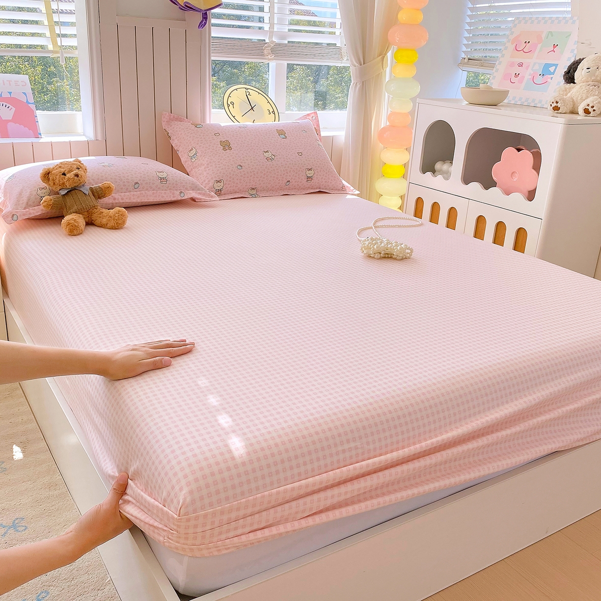 金丝兔 2026新款纯棉印花单品床笠系列 粉小格