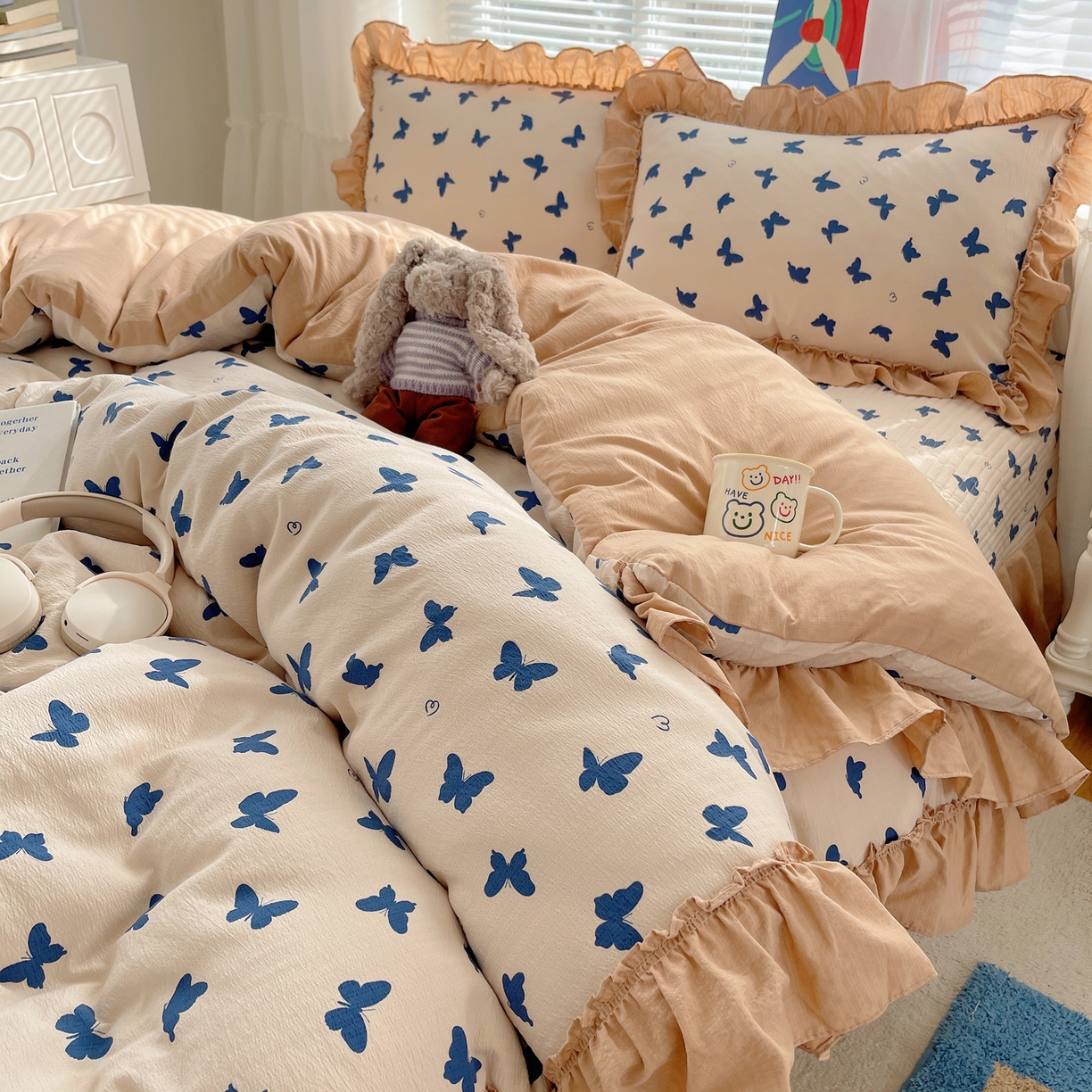 韩都家居 2026新款云感双层纱床盖四件套 比翼蝴蝶