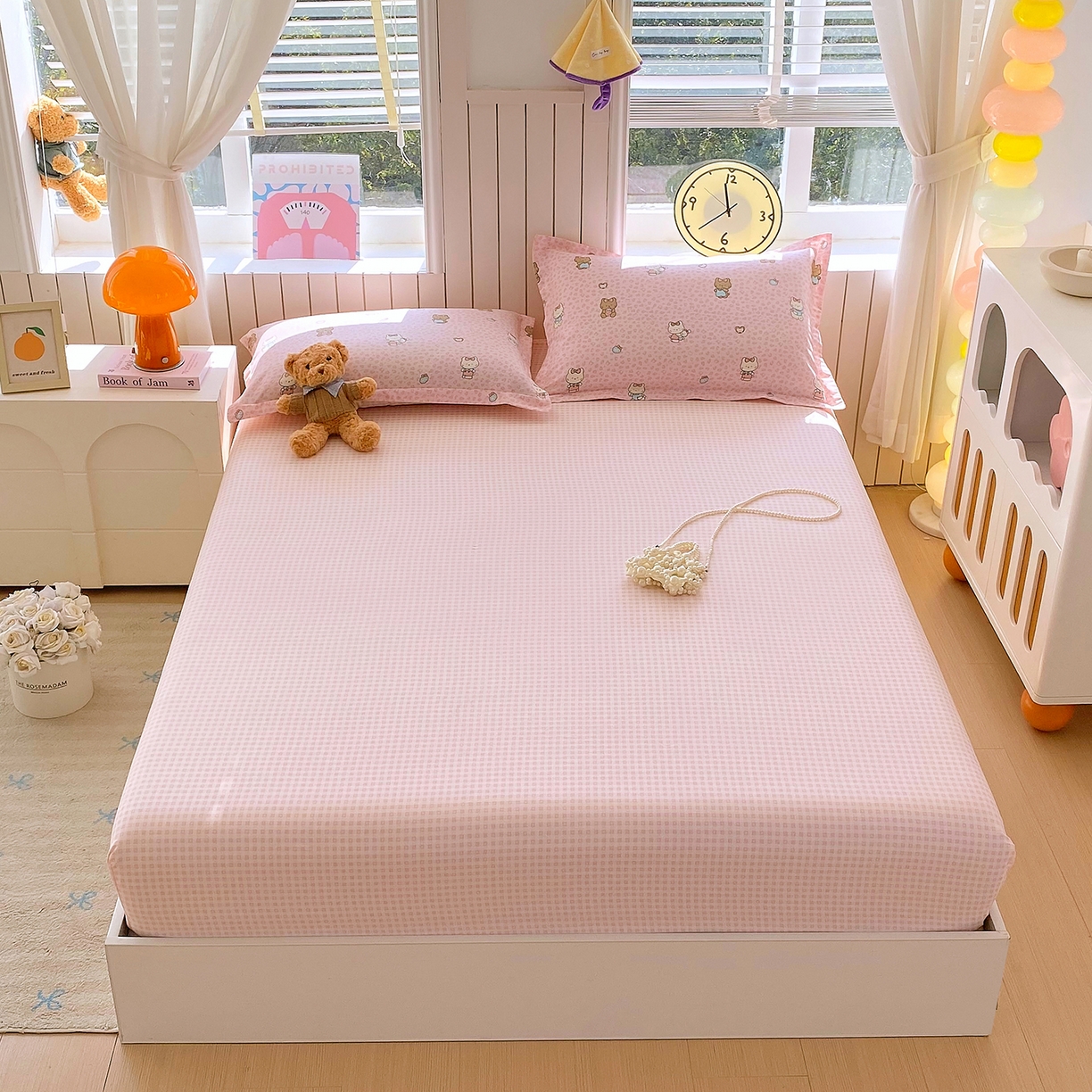 91家纺网 家纺一手货源 找家纺 金丝兔 2026新款纯棉印花单品床笠系列 粉小格