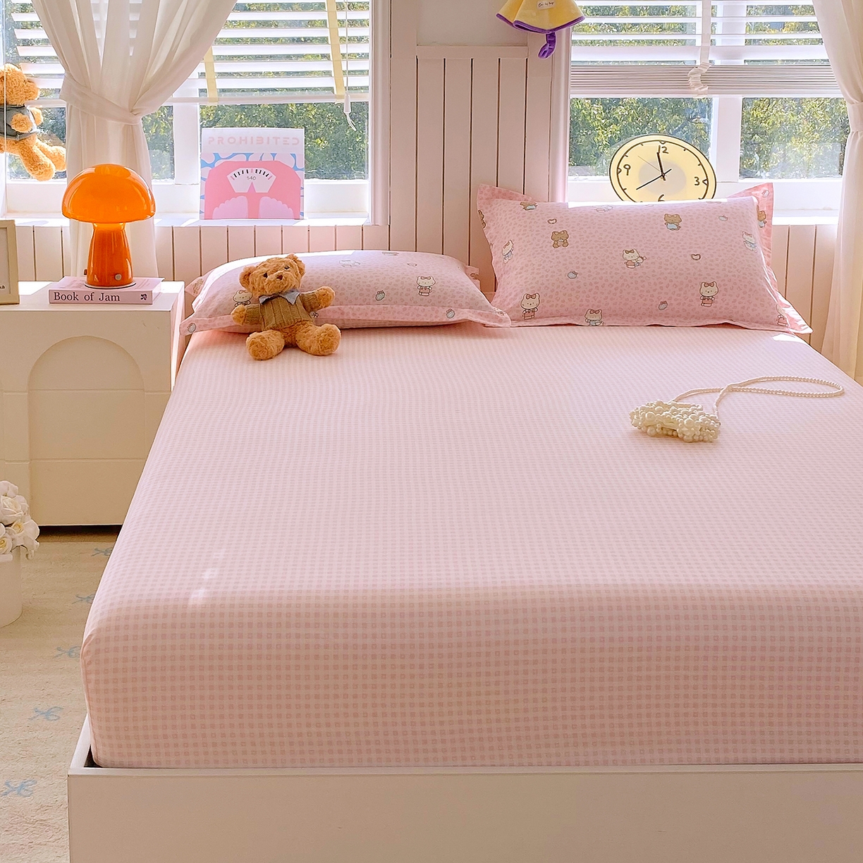 91家纺网 家纺一手货源 找家纺 金丝兔 2026新款纯棉印花单品床笠系列 粉小格