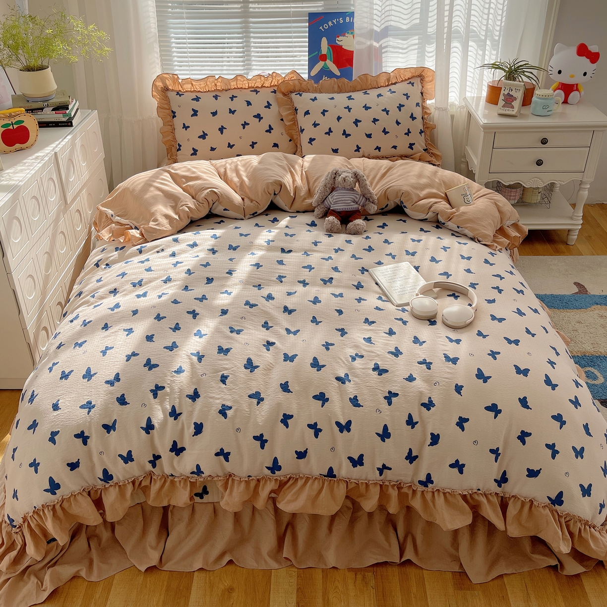 91家纺网 家纺一手货源 找家纺 韩都家居 2026新款云感双层纱床盖四件套 比翼蝴蝶