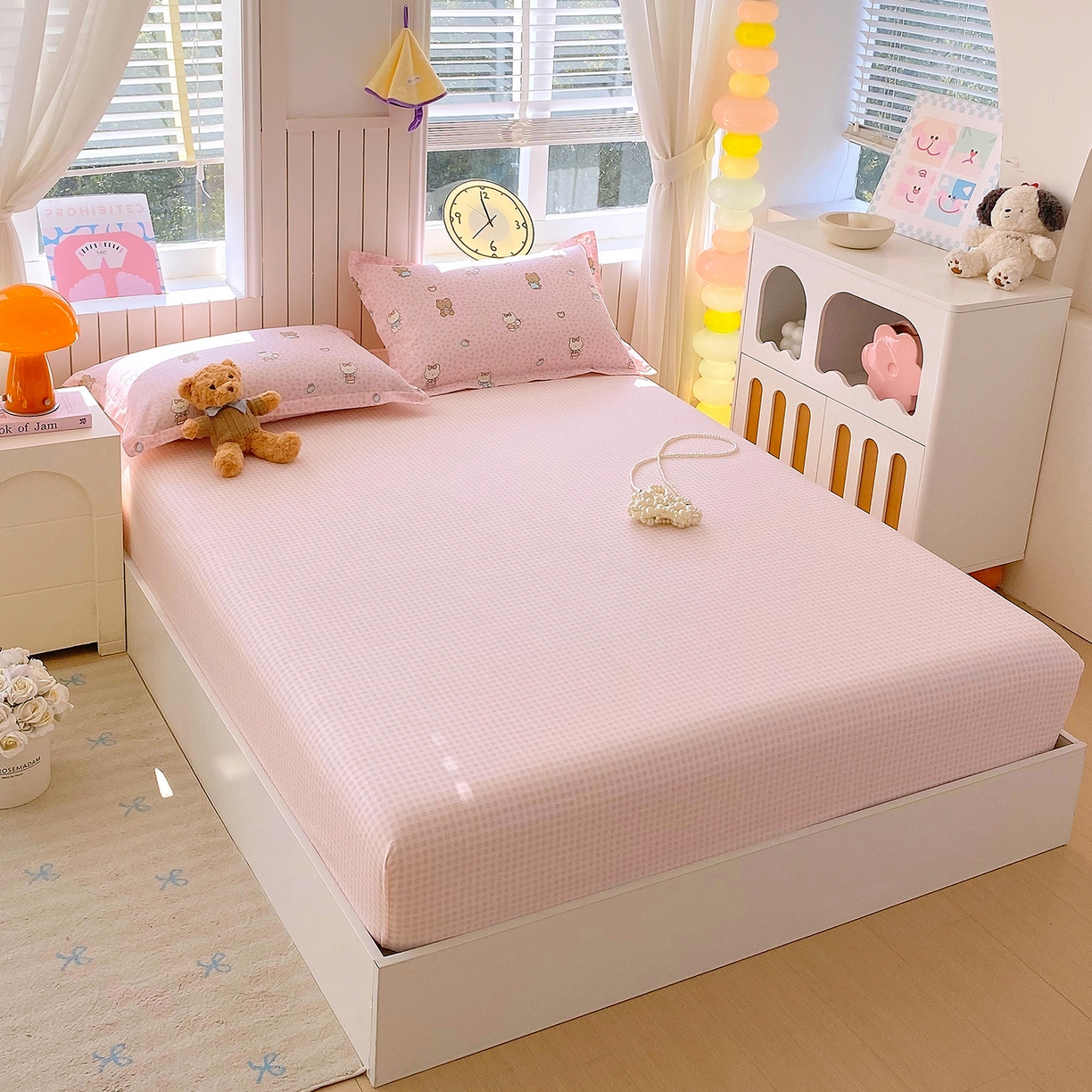 91家纺网 家纺一手货源 找家纺 金丝兔 2026新款纯棉印花单品床笠系列 粉小格