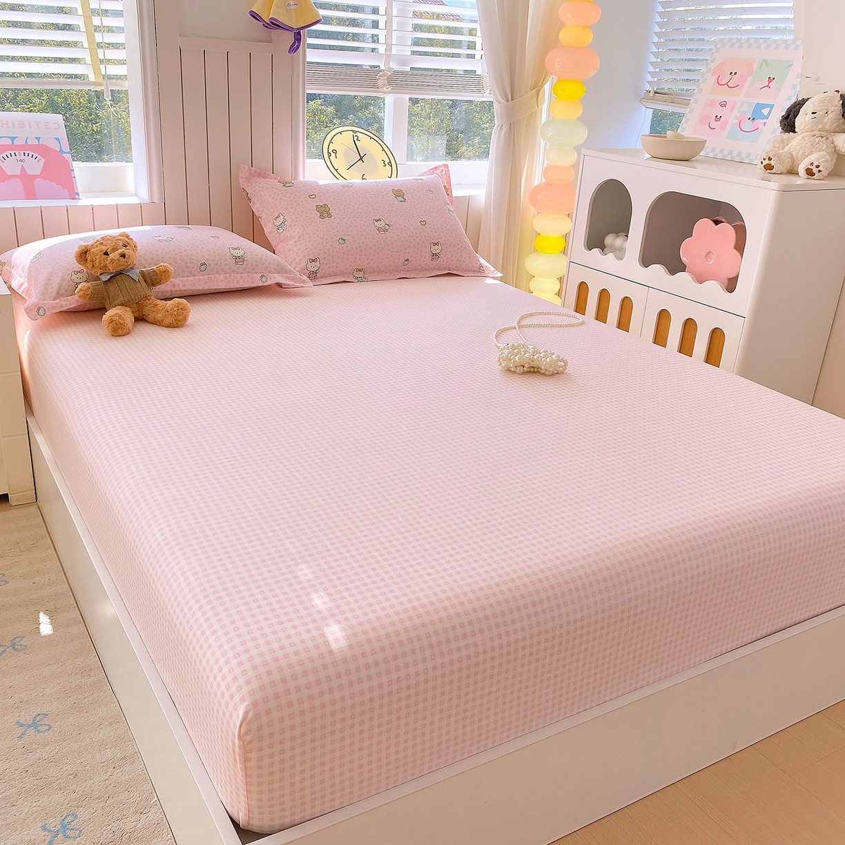 91家纺网 家纺一手货源 找家纺 金丝兔 2026新款纯棉印花单品床笠系列 粉小格