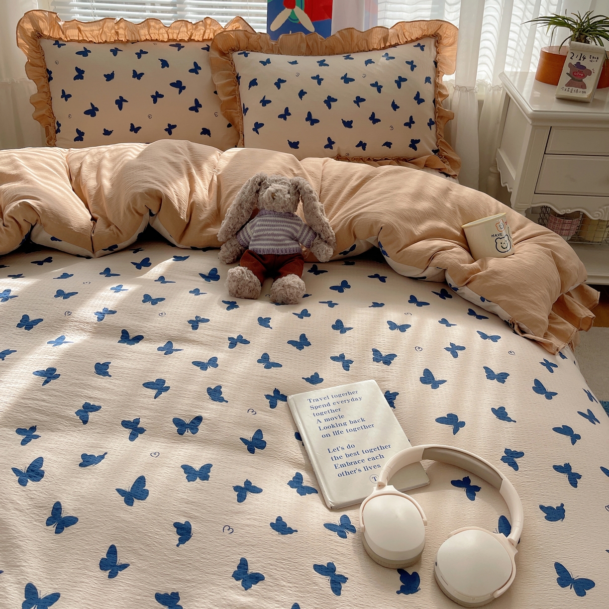 91家纺网 家纺一手货源 找家纺 韩都家居 2026新款云感双层纱床盖四件套 比翼蝴蝶