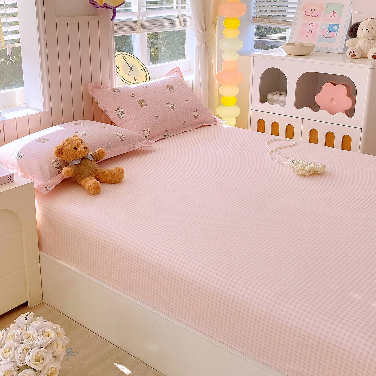 91家纺网 家纺一手货源 找家纺 金丝兔 2026新款纯棉印花单品床笠系列 粉小格