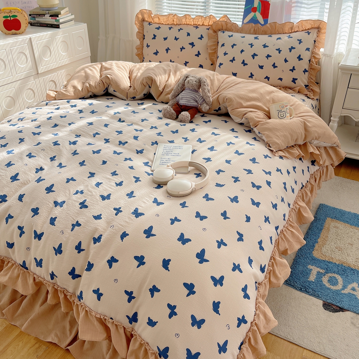 91家纺网 家纺一手货源 找家纺 韩都家居 2026新款云感双层纱床盖四件套 比翼蝴蝶