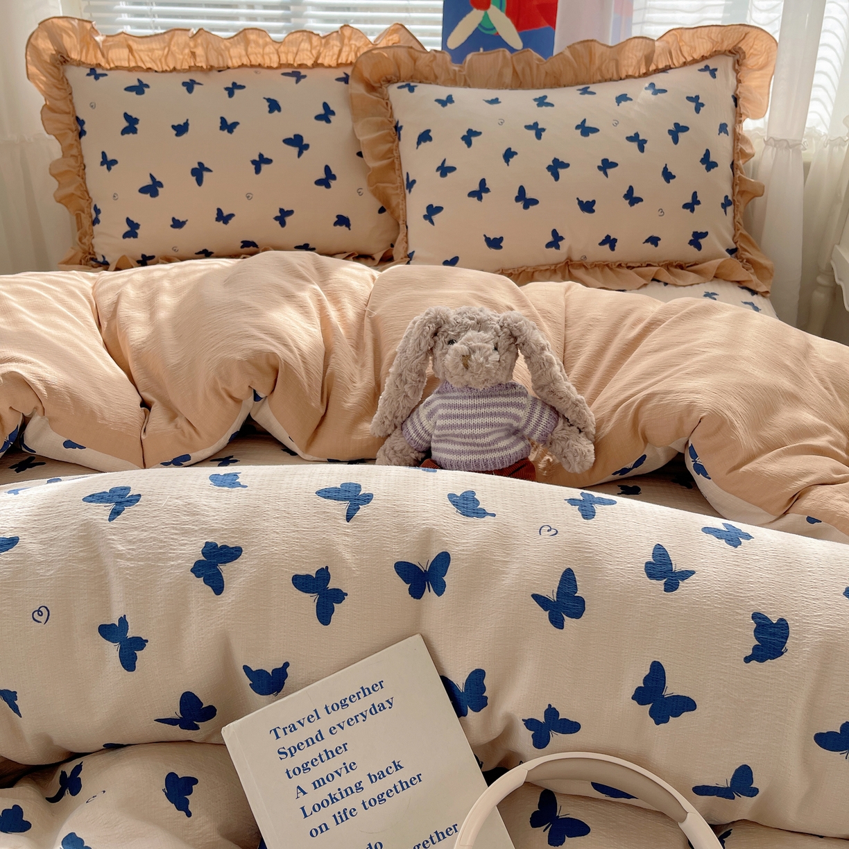 91家纺网 家纺一手货源 找家纺 韩都家居 2026新款云感双层纱床盖四件套 比翼蝴蝶