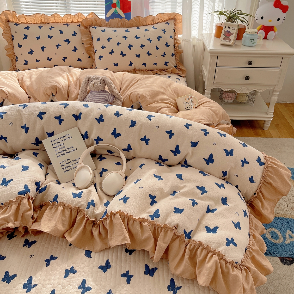 91家纺网 家纺一手货源 找家纺 韩都家居 2026新款云感双层纱床盖四件套 比翼蝴蝶