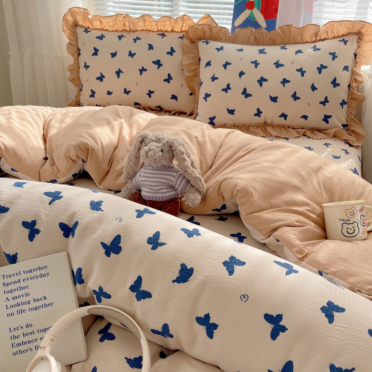 91家纺网 家纺一手货源 找家纺 韩都家居 2026新款云感双层纱床盖四件套 比翼蝴蝶