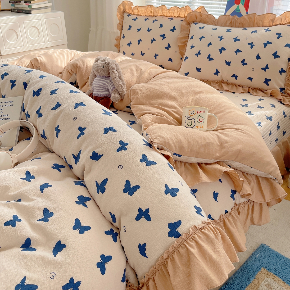 91家纺网 家纺一手货源 找家纺 韩都家居 2026新款云感双层纱床盖四件套 比翼蝴蝶