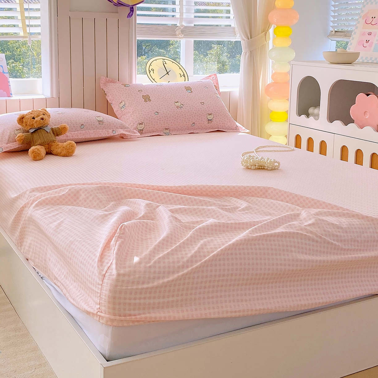 91家纺网 家纺一手货源 找家纺 金丝兔 2026新款纯棉印花单品床笠系列 粉小格