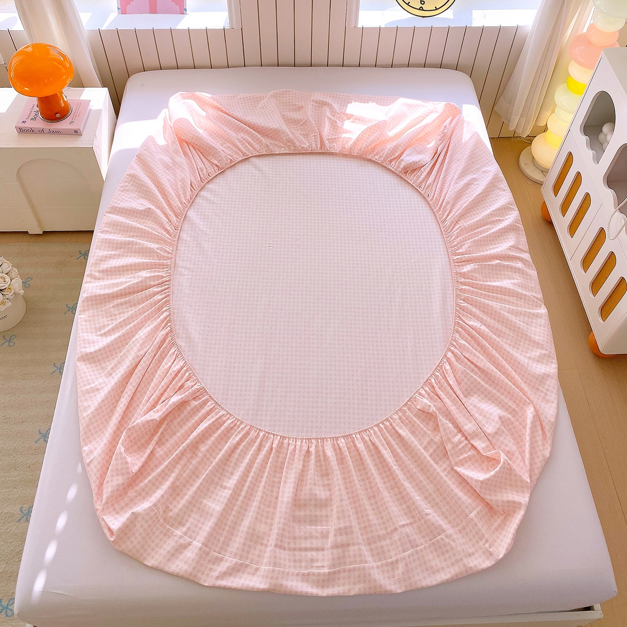 91家纺网 家纺一手货源 找家纺 金丝兔 2026新款纯棉印花单品床笠系列 粉小格