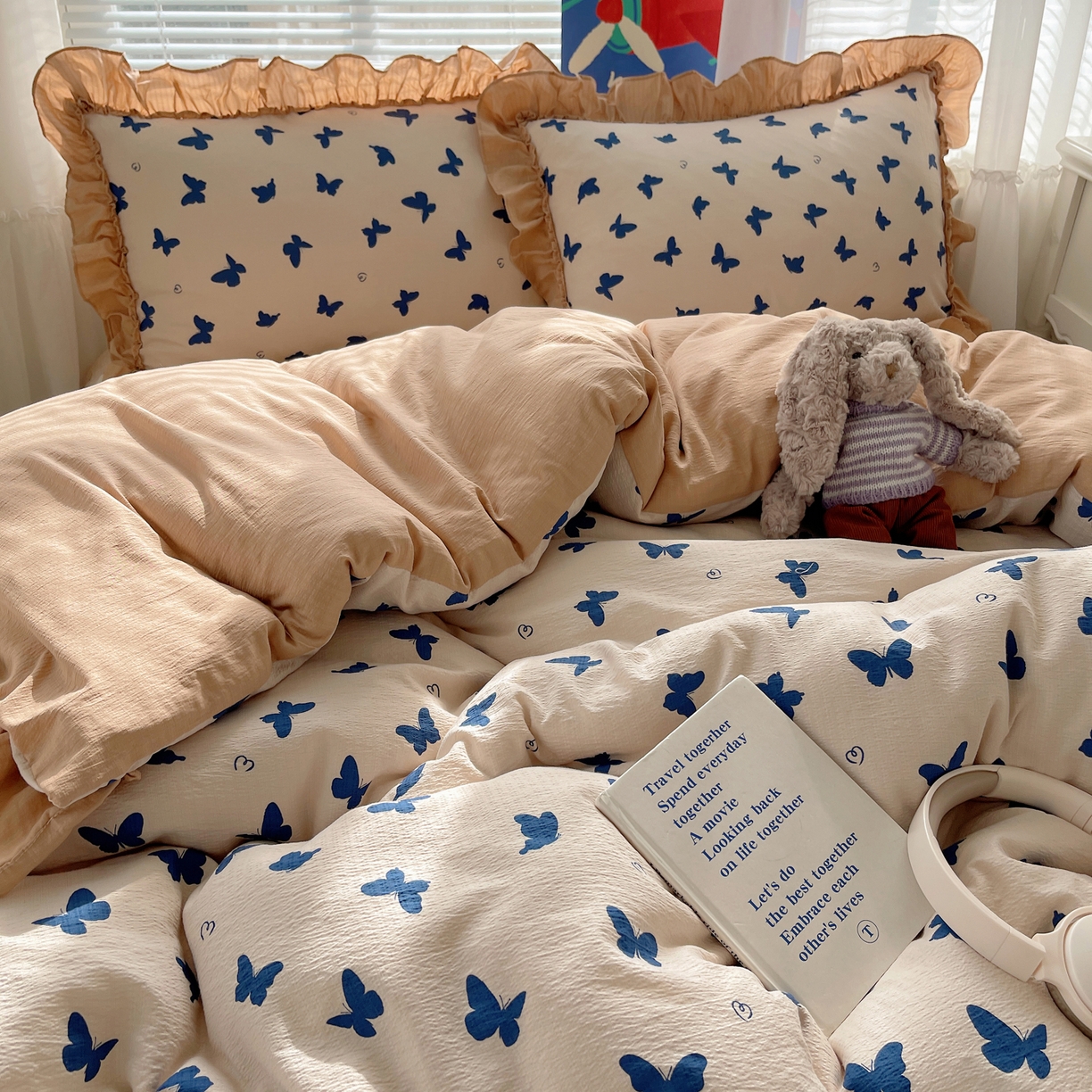 91家纺网 家纺一手货源 找家纺 韩都家居 2026新款云感双层纱床盖四件套 比翼蝴蝶