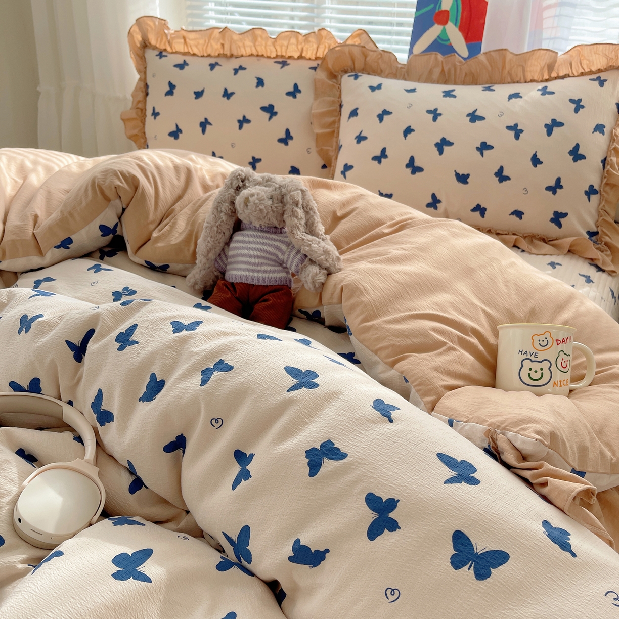 91家纺网 家纺一手货源 找家纺 韩都家居 2026新款云感双层纱床盖四件套 比翼蝴蝶