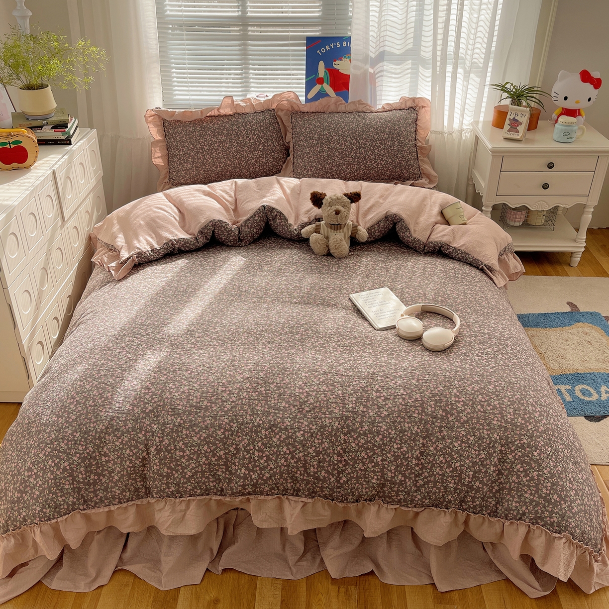 91家纺网 家纺一手货源 找家纺 韩都家居 2026新款云感双层纱床盖四件套 春满园