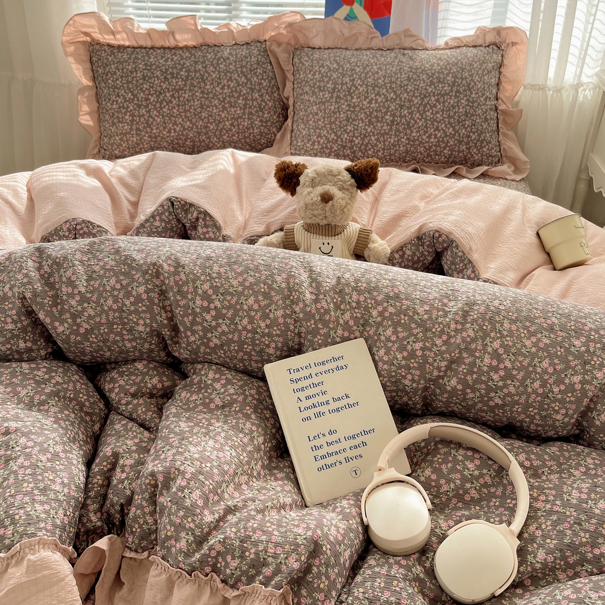 91家纺网 家纺一手货源 找家纺 韩都家居 2026新款云感双层纱床盖四件套 春满园