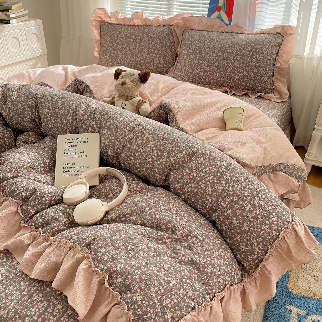 91家纺网 家纺一手货源 找家纺 韩都家居 2026新款云感双层纱床盖四件套 春满园