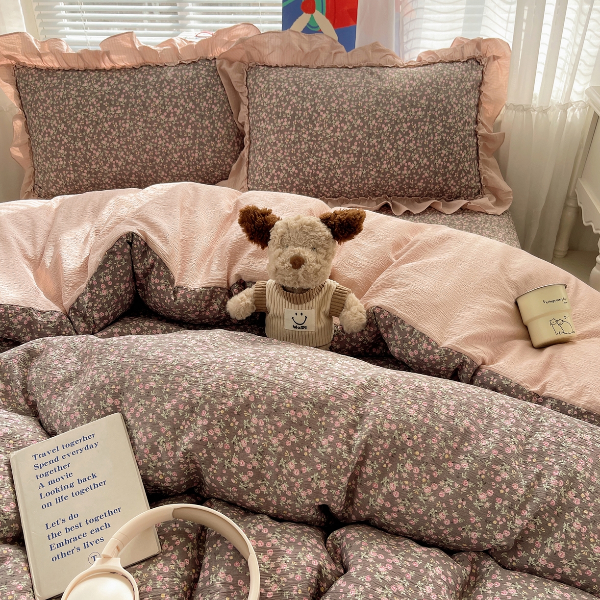 91家纺网 家纺一手货源 找家纺 韩都家居 2026新款云感双层纱床盖四件套 春满园