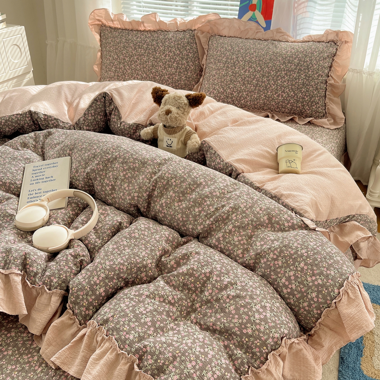 91家纺网 家纺一手货源 找家纺 韩都家居 2026新款云感双层纱床盖四件套 春满园