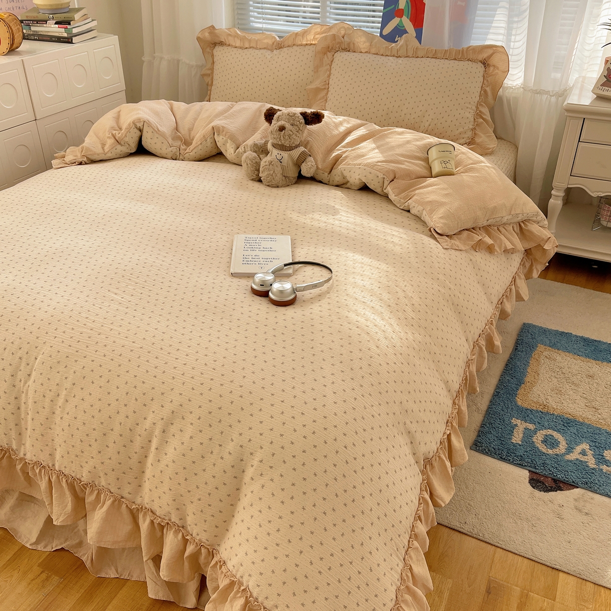 91家纺网 家纺一手货源 找家纺 韩都家居 2026新款云感双层纱床盖四件套 蝶舞