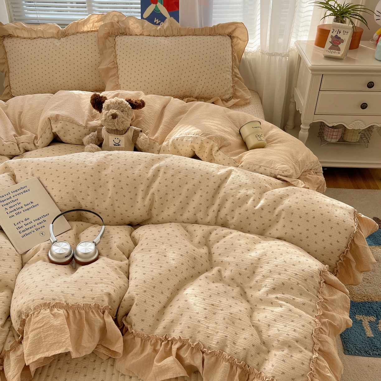 91家纺网 家纺一手货源 找家纺 韩都家居 2026新款云感双层纱床盖四件套 蝶舞