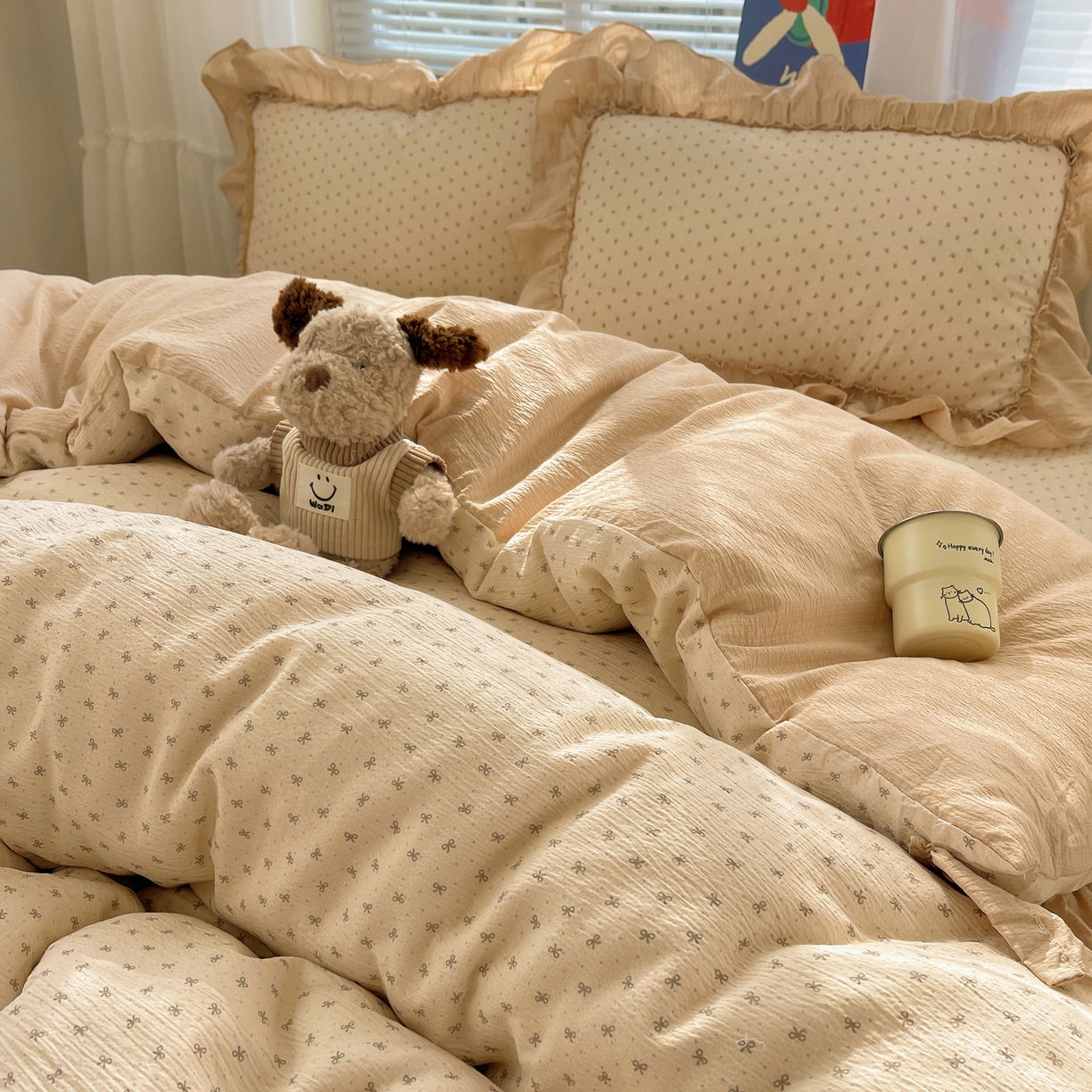 91家纺网 家纺一手货源 找家纺 韩都家居 2026新款云感双层纱床盖四件套 蝶舞