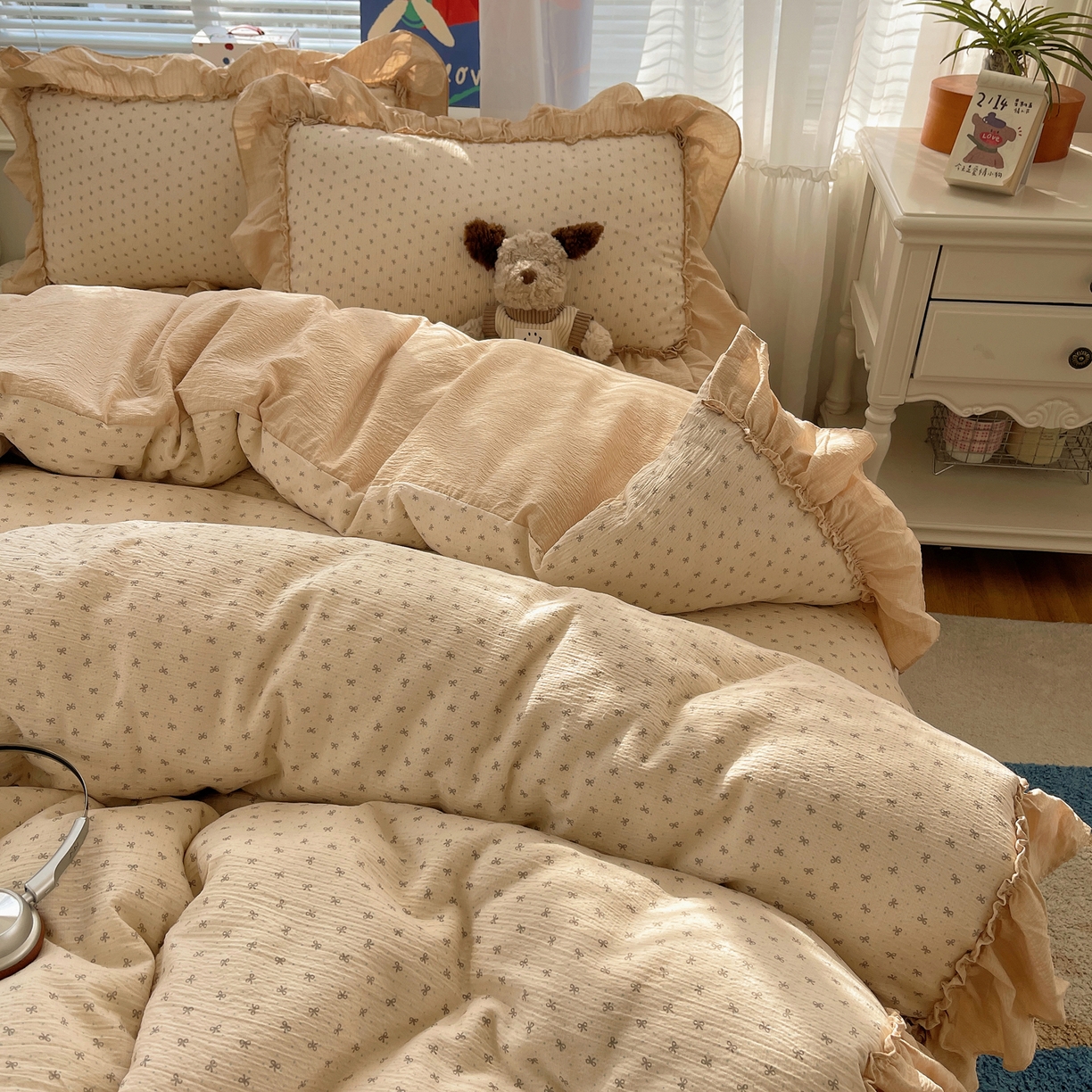 91家纺网 家纺一手货源 找家纺 韩都家居 2026新款云感双层纱床盖四件套 蝶舞