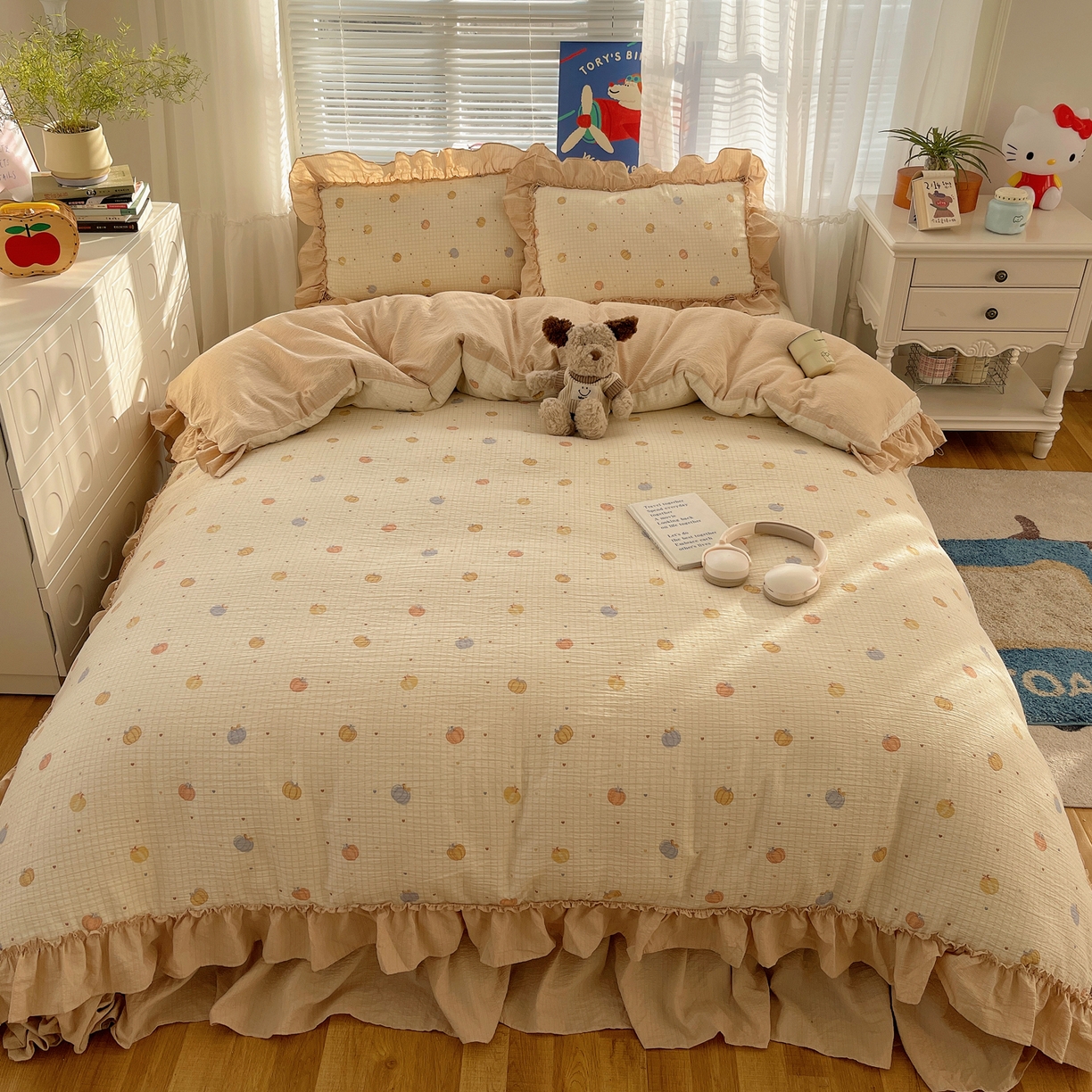 91家纺网 家纺一手货源 找家纺 韩都家居 2026新款云感双层纱床盖四件套 多宝南瓜