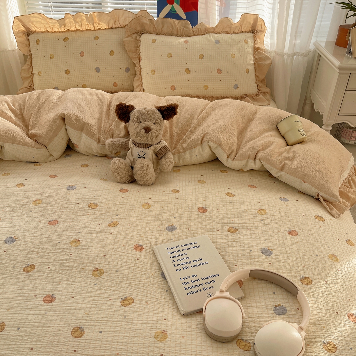 91家纺网 家纺一手货源 找家纺 韩都家居 2026新款云感双层纱床盖四件套 多宝南瓜