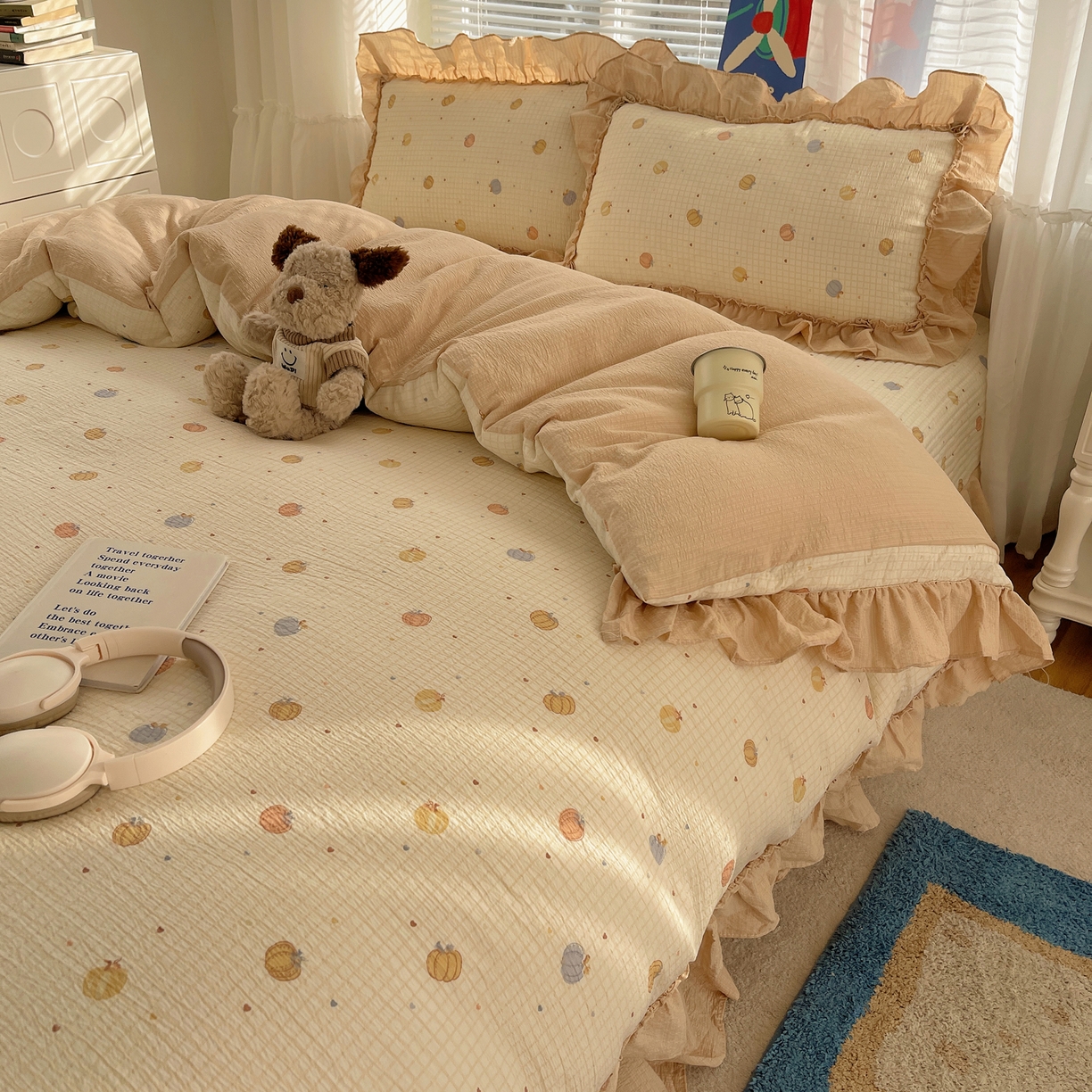 91家纺网 家纺一手货源 找家纺 韩都家居 2026新款云感双层纱床盖四件套 多宝南瓜