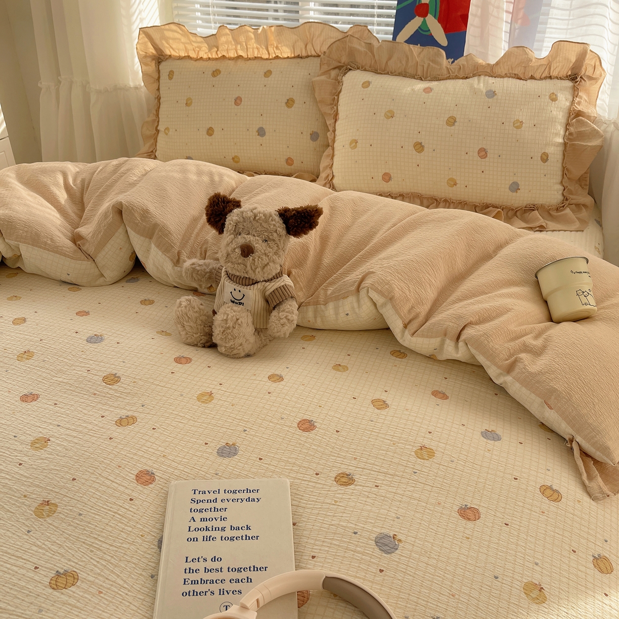 91家纺网 家纺一手货源 找家纺 韩都家居 2026新款云感双层纱床盖四件套 多宝南瓜