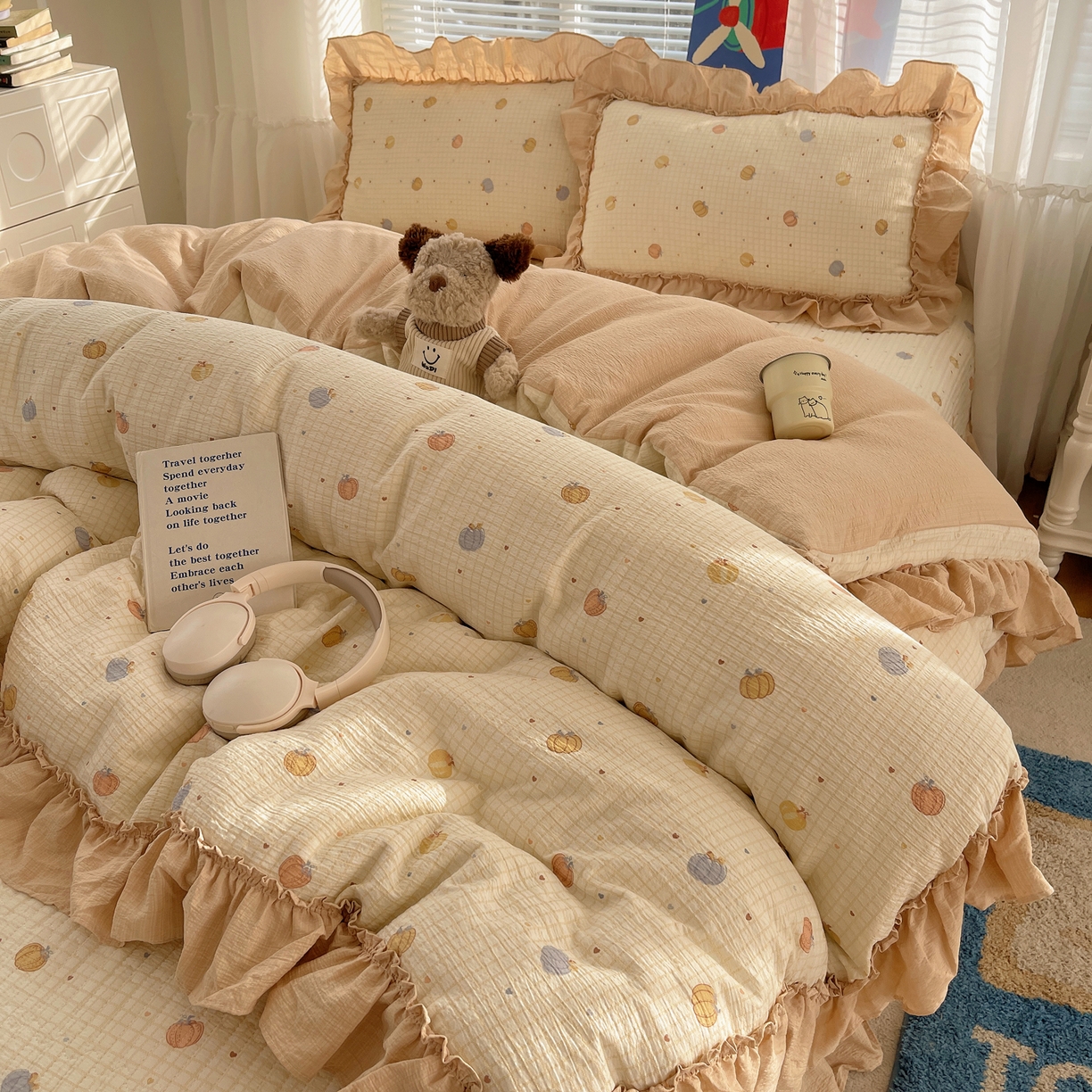 91家纺网 家纺一手货源 找家纺 韩都家居 2026新款云感双层纱床盖四件套 多宝南瓜