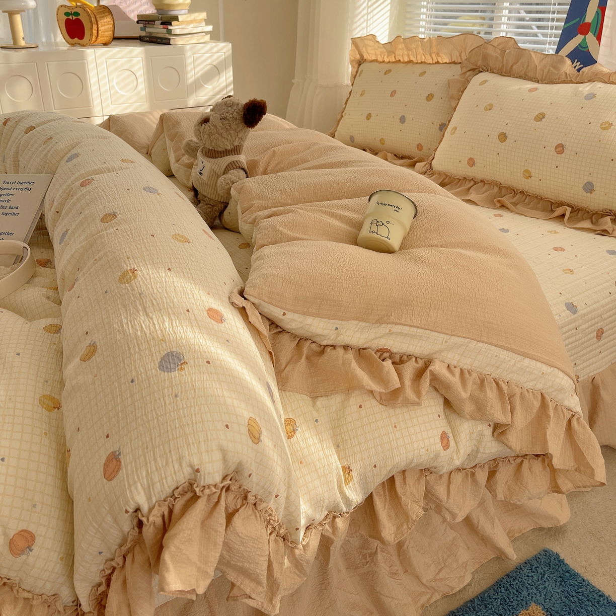 91家纺网 家纺一手货源 找家纺 韩都家居 2026新款云感双层纱床盖四件套 多宝南瓜