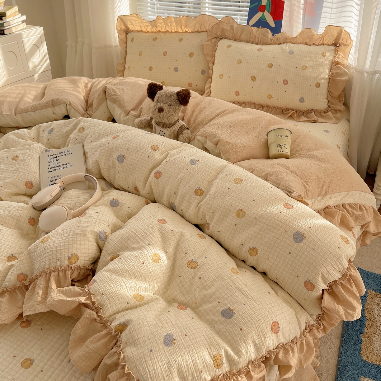 91家纺网 家纺一手货源 找家纺 韩都家居 2026新款云感双层纱床盖四件套 多宝南瓜