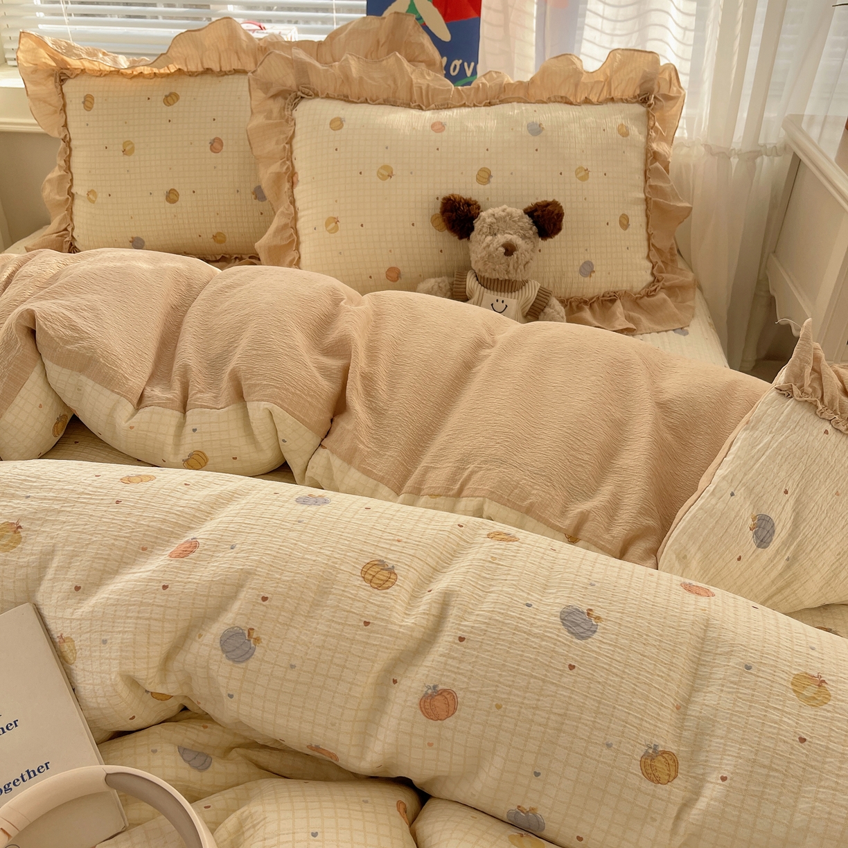 91家纺网 家纺一手货源 找家纺 韩都家居 2026新款云感双层纱床盖四件套 多宝南瓜