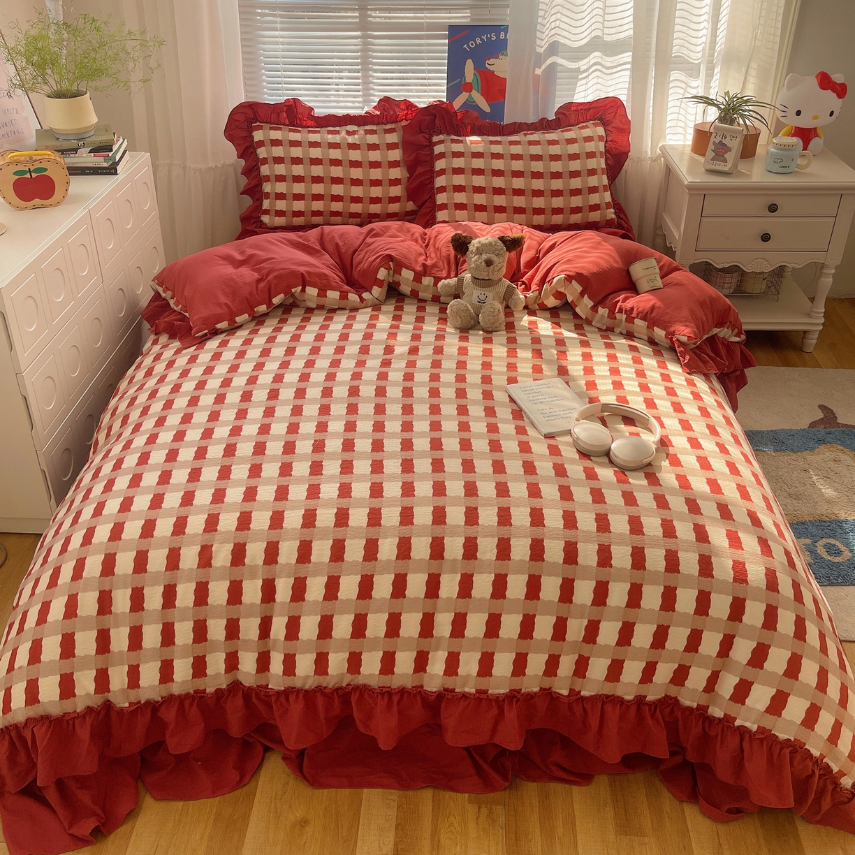 91家纺网 家纺一手货源 找家纺 韩都家居 2026新款云感双层纱床盖四件套 格言红