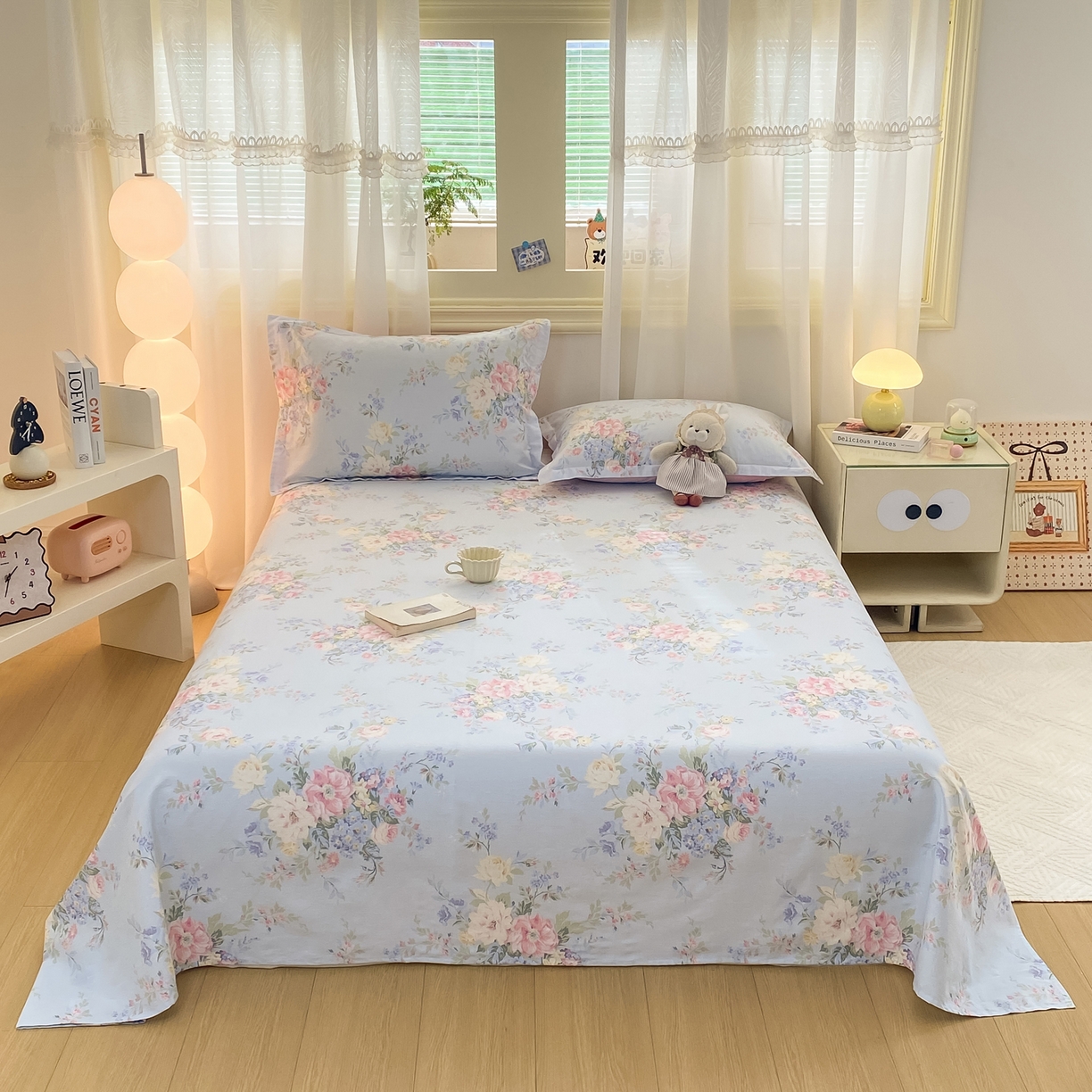 91家纺网 家纺一手货源 找家纺 花梦欣 2026新款全棉印花单品系列-单床单 栀夏海棠蓝