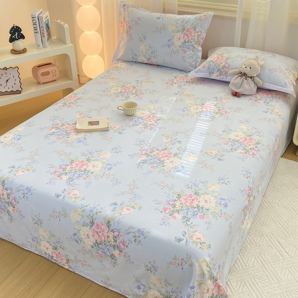 91家纺网 家纺一手货源 找家纺 花梦欣 2026新款全棉印花单品系列-单床单 栀夏海棠蓝